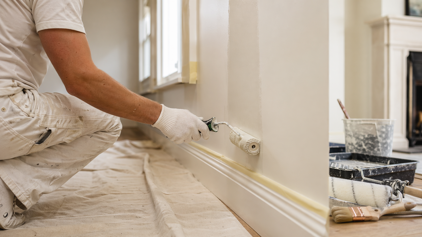 Professional decorator preparing and painting an interior wall