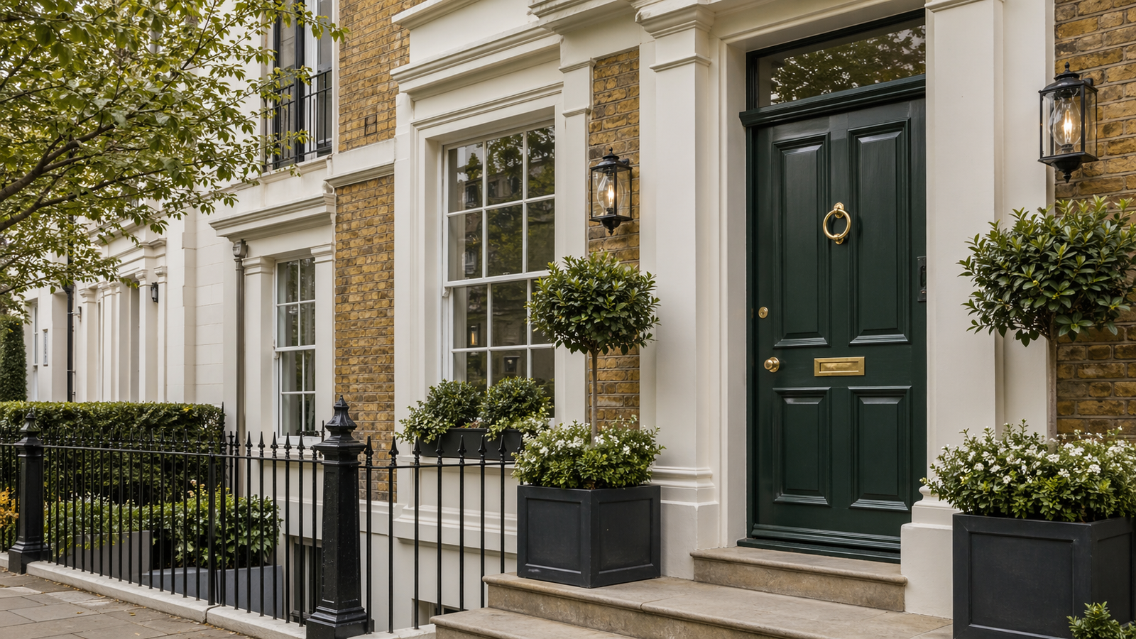 Freshly decorated townhouse exterior and painted front door